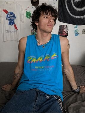 Vtg Blue DARE Graphic Tank Top 2XL Single Stitch Sleeveless Retro Nostalgic Clow